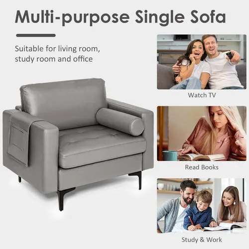 Miniatura 9 de Giantex Sofá individual, silla decorativa, sillón con cojín cómodo, bolsillos para revistas, sala de estar, silla de ocio tapizada para dormitorio