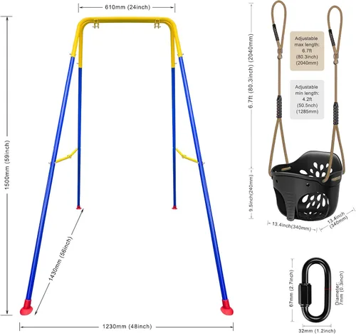 Miniatura 6 de SELEWARE Juego de columpios para niños pequeños con soporte plegable de acero para uso en interiores y exteriores, bonito diseño en forma de Negro