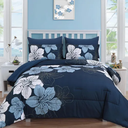 Miniatura 12 de Luxudecor Juego de edredón azul marino, tamaño Queen, 7 piezas de cama en una bolsa, juego de edredón floral azul marino y juego de sábanas, juego