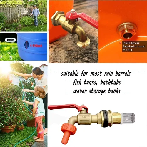 Miniatura 5 de Espiga de barril de lluvia, kit de grifo de latón para barril de agua de lluvia, tanques de agua, bañeras, piscinas, etc., válvula de bola giratoria