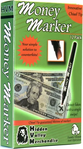 HVM Marcador de dinero falso (12 marcadores de dinero falso) - Pluma detectora de billetes con punta biselada mejorada - Detecta billetes falsos,