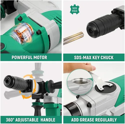 Miniatura 3 de Hoteche - Martillo neumático de demolición eléctrico de 1500W, rompedor de hormigón SDS-MAX de alta resistencia con cincel plano y puntiagudo