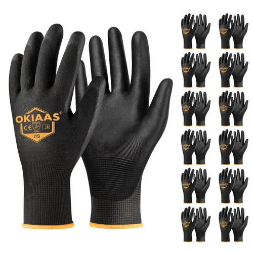 OKIAAS Guantes de trabajo ultrafinos y ligeros para hombre con agarre, 12 pares, color negro, talla S
