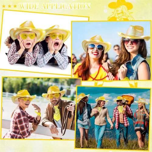Miniatura 5 de Unittype Paquete de 18 sombreros de vaquero, sombrero de vaquera para novia, sombrero LED de vaquero espacial con 6 gafas, 6 bandana para mujer