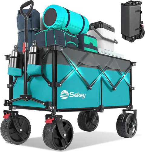 Sekey Carros de 220L plegables con grandes ruedas de playa todo terreno, vagón plegable de alta resistencia con portavasos, vagón plegable extra