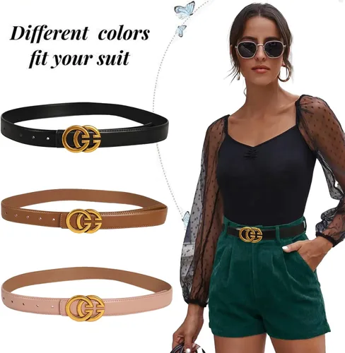 Miniatura 131 de Cinturón de cuero clásico con hebilla de metal para mujer con vestido de jeans