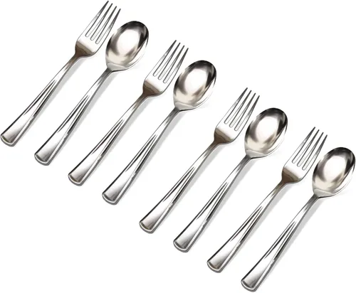 Miniatura 2 de Paquete económico de cucharas y tenedores, 200 mini cucharas y tenedores plateados para aperitivos, cucharas de plata desechables