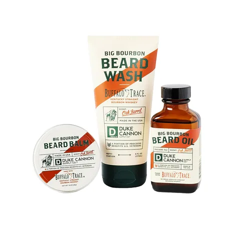 Duke Cannon Big Bourbon Beard Care Collection Set de regalo, lavado de barba (6 onzas), bálsamo (1.6 onzas) y aceite (3 onzas), aroma de barril de