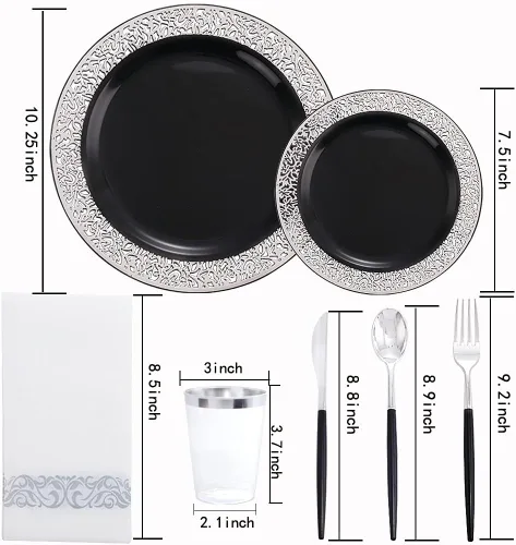 Miniatura 2 de LIYH 350 platos de plástico negro y plateado, juego de vajilla de plástico plateado, cubiertos desechables, platos negros con servilletas, 350
