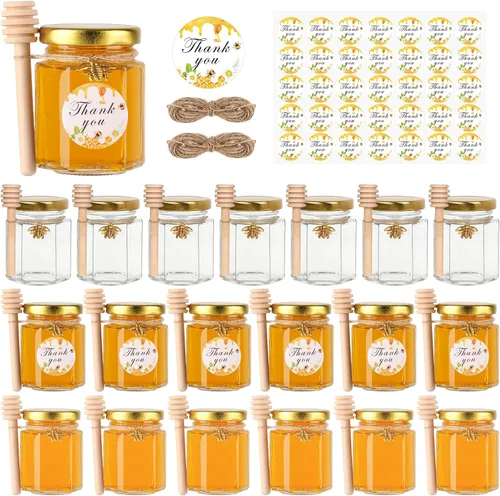 Miniatura 12 de Mini tarros de miel de 1.5 onzas – Paquete de 60 tarros hexagonales de vidrio con varitas de miel de madera, tapas doradas, colgantes de abeja