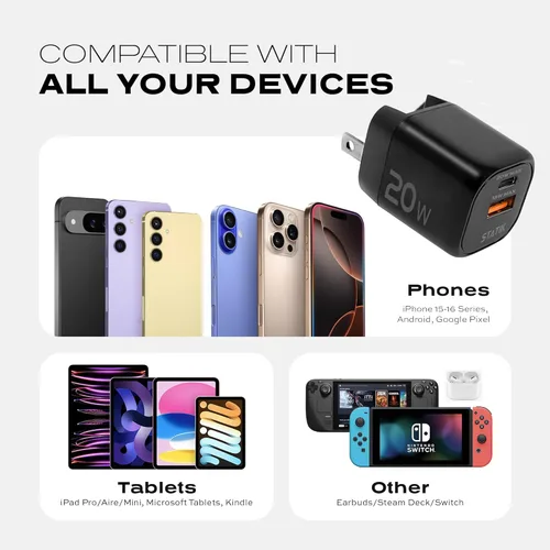Miniatura 8 de STATIK Fast-Charging GaN Power Adapter - 20W Dual USB C & USB - Foldable Compact Charger for iPhone, iPad, Samsung, Pixel - Smart Overheat