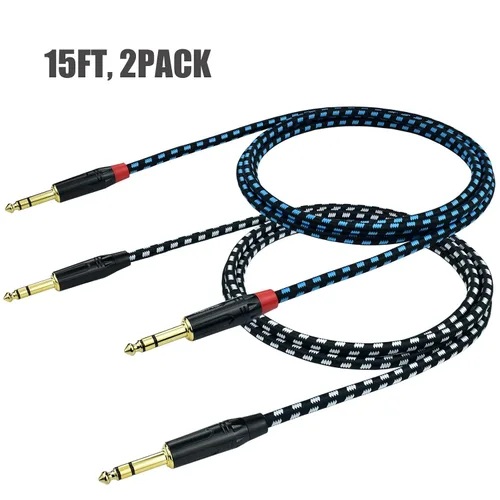 Miniatura 2 de Cable de conexión equilibrado TRS a TRS macho de 1/4 de pulgada, cable de audio estéreo de 15 pies de pulgada de 0.250 in a 0.250 in, nailon