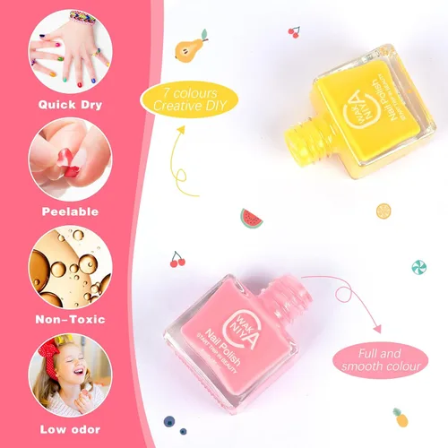 Miniatura 4 de wakaniya Juego de esmaltes de uñas no tóxicos para niñas con calcomanías de uñas de gemas, 7 colores despegables de bajo olor para niños pequeños 7
