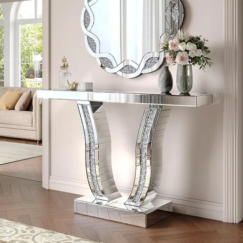 Miniatura 14 de Mesa consola de media luna de 47 pulgadas con cajón de cristal estriado y perilla de cristal, escritorio plateado para entrada, dormitorio, vestidor