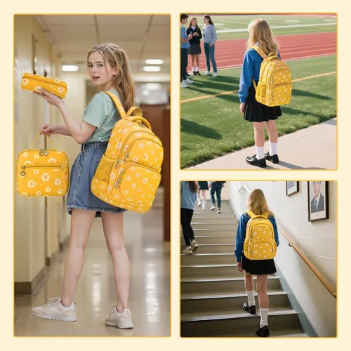 Miniatura 41 de goldwheat Mochilas impresas margaritas con paquete de almuerzo, estuche de lápices 3pcs, bolsa ligera resistente al agua para la escuela secundaria
