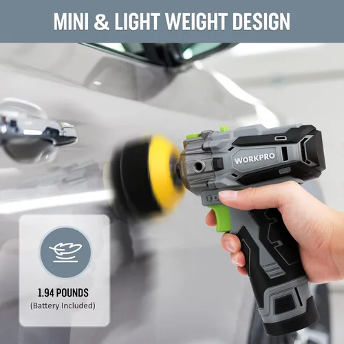 Miniatura 4 de WORKPRO Pulidora Inalámbrica de 12V, Kit de Máquina Pulidora y Lijadora Mini para Detalles de Auto de 3", con 2 Baterías de Iones de Litio, Gatillo