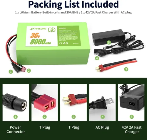 Miniatura 4 de Paquete de Energía Universal Recargable de 36V 8Ah con Adaptador de 42V 2A BMS de 20A y Diseño Impermeable (Sistemas de 200-500W)