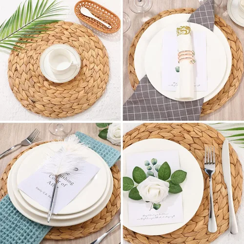 Miniatura 4 de Paquete de 18 manteles individuales de mimbre de ratán a granel, redondos, tejidos para platos de cena, manteles individuales de paja, manteles