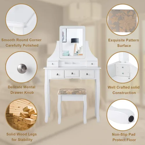 Miniatura 5 de CHARMAID Juego de tocador de maquillaje con espejo y taburete acolchado, tocador con 5 cajones y organizadores de almacenamiento extraíbles, mesa