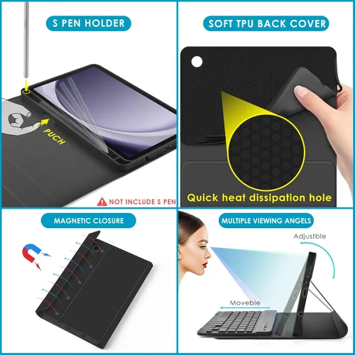 Miniatura 4 de DETUOSI Funda con teclado retroiluminado para Samsung Galaxy Tab A9 8.7 pulgadas SM-X110 WiFi 2023 Android Tablet con S Pen Holder TPU suave a