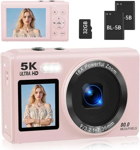 Cámara digital 5K para fotografía, cámara de vlogging de pantalla dual de 80 MP para YouTube con WiFi, zoom digital 16X, función de belleza, Rosa