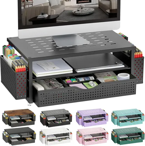 gianotter Organizadores de escritorio y accesorios, soporte para monitor con cajón y 2 soportes para bolígrafos, organizador de escritorio adecuado