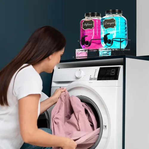 Miniatura 6 de Roetell 2 juegos de dispensador de detergente para ropa de 1 galón con soporte, taza medidora, contenedor de detergente de vidrio
