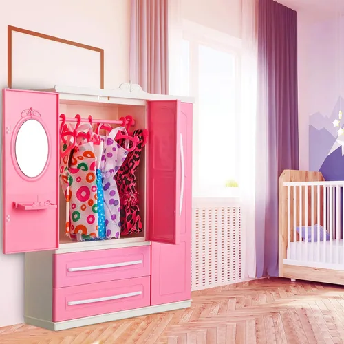 Miniatura 4 de Armario de muñecas, armario de muebles, organizador de ropa para muñecas, armario abierto para casa de muñecas con 20 perchas de plástico rosa