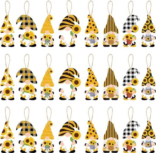 WATINC Paquete de 25 adornos de madera de gnomo de girasol, colgantes de madera colgantes para decoración de fiesta de verano, gnomo de flor