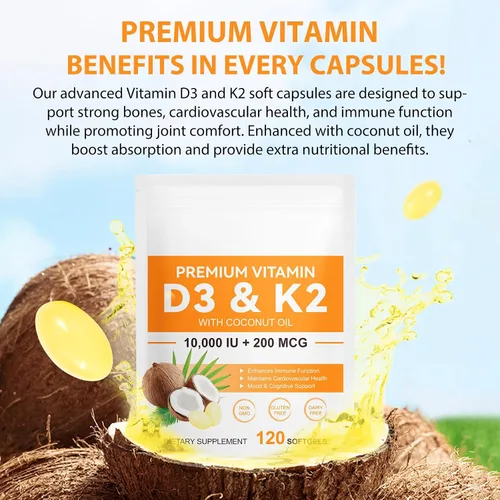 Miniatura 6 de flasture Suplemento de Vitamina D3 K2 en Cápsulas Blandas, 10000 UI de VIT D3 + 200 MCG de K2 (MK-7) Fórmula 2-en-1 para Reposición con Aceite