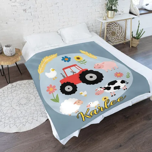 Miniatura 2 de Manta de bebé personalizada con diseño de tractor de animales de granja con nombre, manta de forro polar suave para niñas, niños, recién nacidos