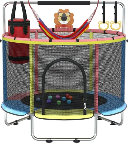 Miniatura 9 de Cama elástica para niños con malla de encierro, cama elástica mini para interiores y exteriores con barra de gimnasia ajustable, aro de baloncesto