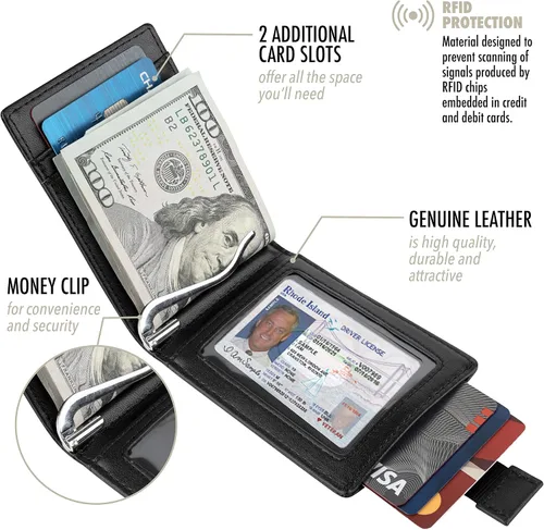 Miniatura 3 de Billeteras de piel de vaca genuina con bloqueo RFID y bolsillo frontal minimalista para hombres con clip para dinero Negro Cartera delgada Rfid