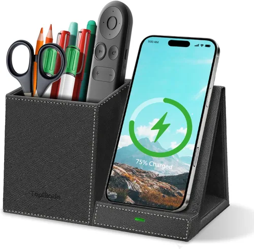 TopMade Cargador inalámbrico con soporte para lápiz para bolígrafo, organizador de mesita de noche de escritorio multifuncional de cuero, estación