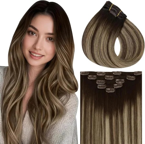 Miniatura 34 de Vivien Extensiones de cabello humano con clip, color negro azabache, extensiones de cabello humano real con pinzas invisibles, doble trama, 14