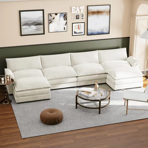 Miniatura 7 de Shahoo Sofá modular modular en forma de L de tela de felpilla con esponjas suaves y de alto apoyo y otomana extraíble, cómodo mueble tapizado