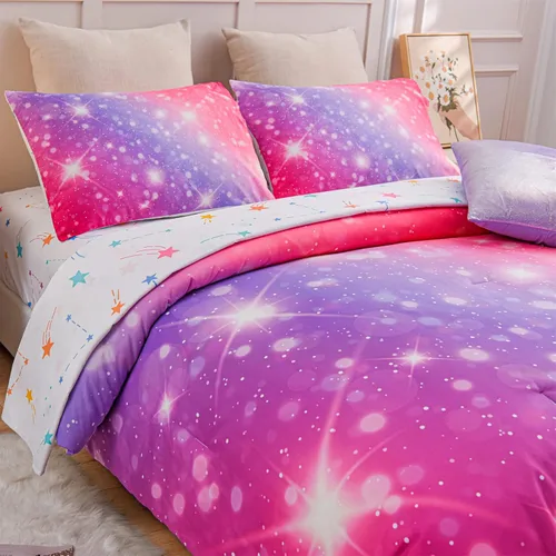 Miniatura 9 de A Nice Night Juego de ropa de cama de 6 piezas con purpurina degradada para niñas, juego de edredón colorido de galaxia arco iris, juegos de ropa