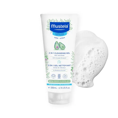 Mustela Baby Gel limpiador 2 en 1, limpiador de cuerpo y cabello para bebé, con aguacate natural, fórmula biodegradable y sin desgarros, 6.76 onzas