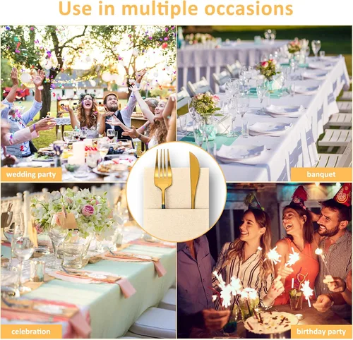 Miniatura 7 de Cindeer 150 piezas de servilletas de cena con sensación de lino champagne con bolsillo plano incorporado para cubiertos, preplegadas, servilletas