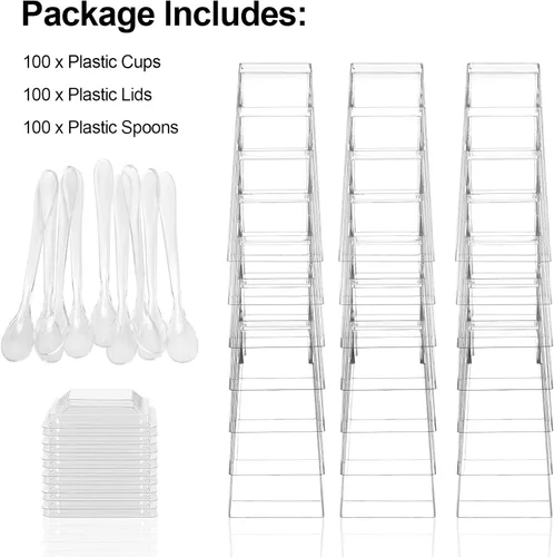 Miniatura 3 de EASERCY Paquete de 100 mini tazas de postre de 3 onzas con tapas y cucharas, tazas transparentes para postres con cucharas, tazas de parfait