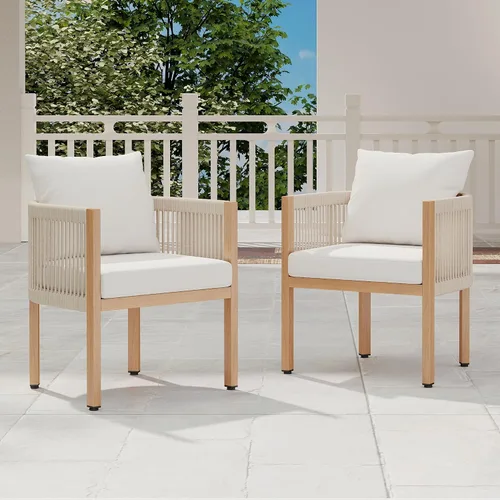 Juego de 2 sillas de comedor al aire libre, juego de muebles de patio de mimbre con reposabrazos, respaldo acolchado, sillas de comedor de barril de