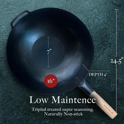 Miniatura 3 de Sartén de wok tradicional de acero al carbono de 16 pulgadas con fondo plano grande – Auténticos woks martillados a mano y sartenes para saltear