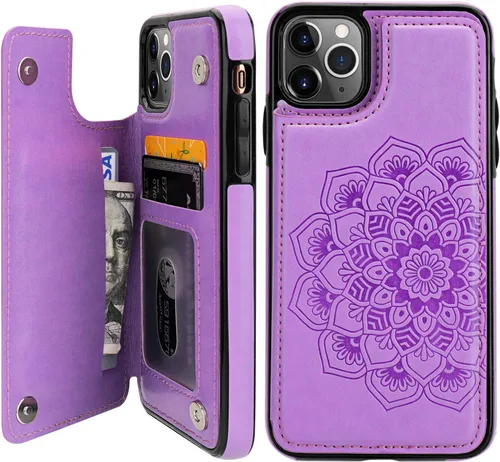 Miniatura 9 de Vaburs Funda para iPhone 11 Pro Max con tarjetero y diseño de mandala en relieve, piel sintética de alta calidad, doble botones magnéticos, a prueba