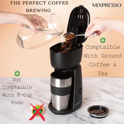 Miniatura 4 de Mixpresso Cafetera Personal de Una Sola Porción y Taza de Viaje de 14oz, Cafetera Pequeña de Goteo y Termo, Apagado Automático y Filtro Negro