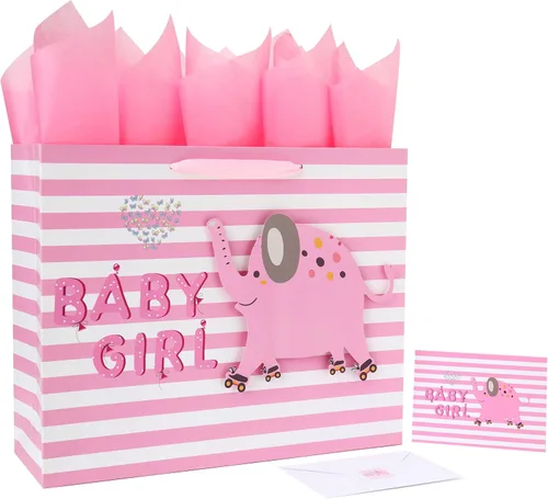 Miniatura 7 de wishinside Juego de bolsa de regalo rosa grande de 13 pulgadas con tarjeta de felicitación y papel de seda (elefante 3D) para bebé, baby shower