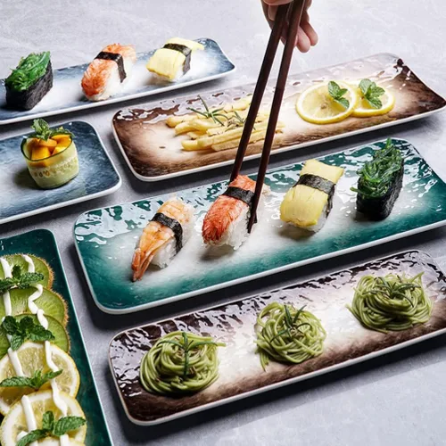 Miniatura 8 de CALLARON Plato de sushi de cerámica, 2 platos de porcelana para servir platos, bandeja rectangular de postres, bandeja de exhibición de postres