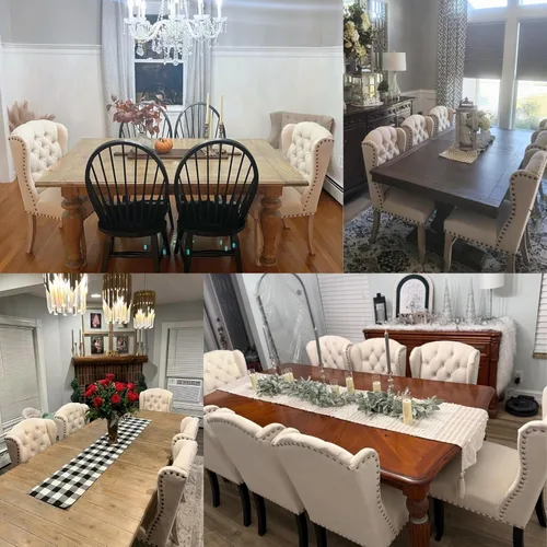 Miniatura 6 de chairus Juego de 4 sillas de comedor con diseño capitoné Parsons, tapizadas de estilo rústico francés con ribete de cabeza de clavo y patas