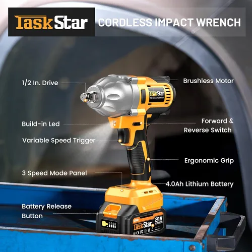 Miniatura 9 de TaskStar Llave de impacto inalámbrica de 740 pies-libras (1000N.m) 3300RPM pistola de impacto de alto par de 1/2 pulgada, destornillador de impacto