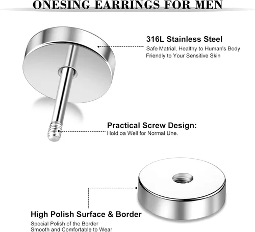 Miniatura 3 de ONESING 12 pares de aretes falsos de calibre para hombres, acero inoxidable, aretes de aro para hombres, aretes redondos, con calibres falsos