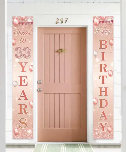 Miniatura 3 de Cartel de oro rosa con texto en inglés «Happy Birthday» «Cheers to 33 años», globos de confeti para decoración temática de confeti para puerta